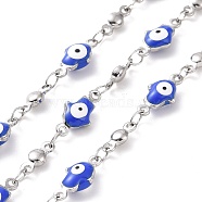 Enamel Hamsa Hand with Evil Eye Link Chains, with 304 Stainless Steel Findings, Stainless Steel Color, Unwelded, with Spool, Blue, 11.5x5.5x3mm, 8x3x2mm(CHS-G023-02P-01)