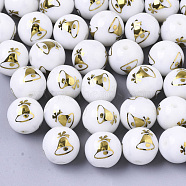 Christmas Opaque Glass Beads, Round with Electroplate Christmas Bell Pattern, Golden Plated, 10mm, Hole: 1.2mm(EGLA-R113-06C)