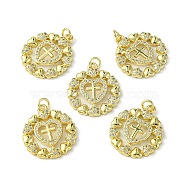 Rack Plating Brass Micro Pave Cubic Zirconia Pendants, Long-Lasting Plated, Lead Free & Cadmium Free, Flat Round Charm, Heart with Cross, Real 18K Gold Plated, 23x20x2.5mm(KK-K332-14G)
