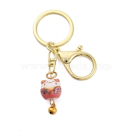 Fortune Cat Porcelain Pendant Keychain, with Iron Keychain Ring and Alloy Lobster Claw Clasps, Light Coral, 8.5cm(KEYC-G064-03E)