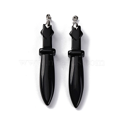 Natural Obsidian Big Pendants, Sword Charms, with Rack Plating Platinum Tone Brass Snap on Bails, Lead Free & Cadmium Free, 69.5x14.5x12.5mm, Hole: 6x4mm(G-K338-41P-01)