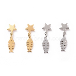 304 Stainless Steel Fishbone with Star Dangle Stud Earrings for Women, Mixed Color, 25.5mm, Pin: 0.8mm(EJEW-G328-11)
