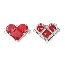 Brass Pave Cubic Zirconia Connector Charms, Heart Links, Real Platinum Plated, Red, 18.5x26x7.5mm, Hole: 1.6mm(KK-L208-04P-04)