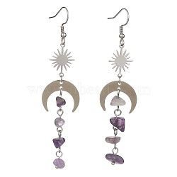 Natural Amethyst Chips Tassel Dangle Earrings, Brass Sun & 201 Stainless Steel Moon Long Drop Earrings, 80~85x20mm(EJEW-TA00260-03)