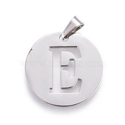 201 Stainless Steel Pendants, Flat Round with Letter, Stainless Steel Color, Letter E, 20x1.3mm, Hole: 4x3mm(STAS-L221-33E)