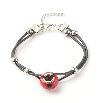 Lampwork Big Rondelle Link Bracelet with Cowhide Leather Cord for Women, Red, 7-1/2 inch(19cm)