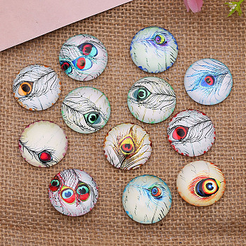 K5 Glass Cabochons, Random Pattern, Half Round with Peacock Feather Pattern, Mixed Color, 25mm