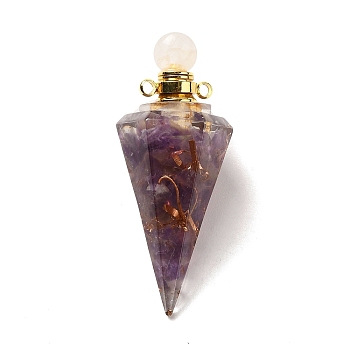 Natural Amethyst Perfume Bottle Pendants, Resin Faceted Cone Charms with Golden Plated Brass Screw Cap, 46.5~48x19~20x17~18mm, Hole: 1.8mm