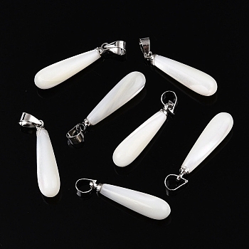 Natural Trochid Shell/Trochus Pendants, with Platinum Plated Brass Snap on Bails, Teardrop, White, 23x6mm, Hole: 3.5x5mm