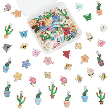Nbeads 72Pcs 6 Style Alloy Pendants, Including Acrylic and Enamel, Cactus/Flower/Bee/Butterfly, Mixed Color, 12.5~29x11~16x1.5~3mm, Hole: 1.6~2mm, 12pcs/style