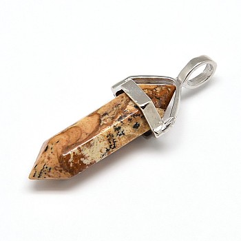 Natural Picture Jasper Double Terminated Pointed Pendants, with Random Alloy Pendant Hexagon Bead Cap Bails, Bullet, Platinum, 36~45x12mm, Hole: 3x5mm, Gemstone: 10mm in diameter