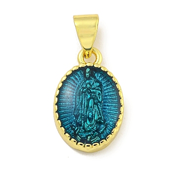 Rack Plating Brass Enamel Pendants, Long-Lasting Plated, Lead Free & Cadmium Free, Real 18K Gold Plated, Oval with Saint Charm, Dark Slate Blue, 15x10x3mm, Hole: 5x3.5mm