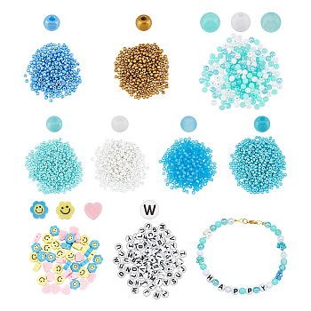 ARRICRAFT DIY Beads Making Finding Kits, Including Round Glass Seed & Letter Acrylic & Smiling Face Polymer Clay Beads, Mixed Color, 3~10x9~10x1.5~6mm, 1666pcs/box
