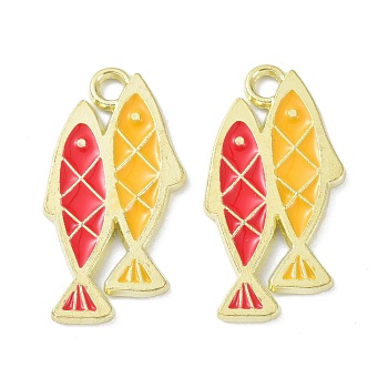 Alloy Enamel Pendants, Light Gold, Double Fish, Red, 24x12x1mm, Hole: 2mm