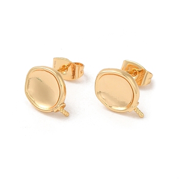 Twist Flat Round Brass Stud Earring Findings, with 925 Sterling Silver Pins, for Half Drilled Beads, Real 18K Gold Plated, 12x9mm, Pin: 12x0.8mm and 1mm(for Half Drilled Beads)