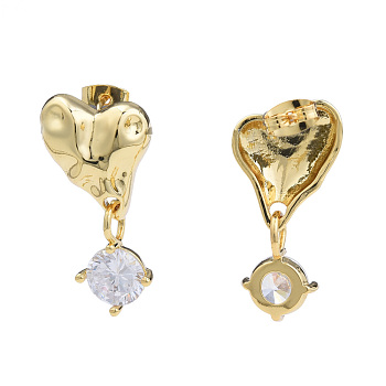 Cubic Zirconia Heart Dangle Earrings, Golden Brass Jewelry for Women, Nickel Free, Clear, 29x14.5mm, Pin: 0.7mm