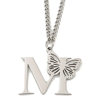201 Stainless Steel Necklaces, Letter M, 23.74 inch(60.3cm) p: 27x32.5x1.3mm