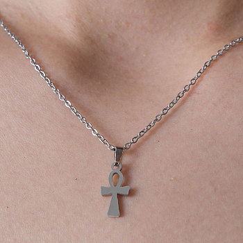 Non-Tarnish 201 Stainless Steel Ankh Cross Pendant Necklace, Stainless Steel Color, 17.72 inch(45cm)