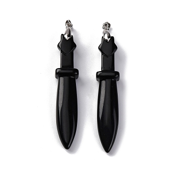 Natural Obsidian Big Pendants, Sword Charms, with Rack Plating Platinum Tone Brass Snap on Bails, Lead Free & Cadmium Free, 69.5x14.5x12.5mm, Hole: 6x4mm