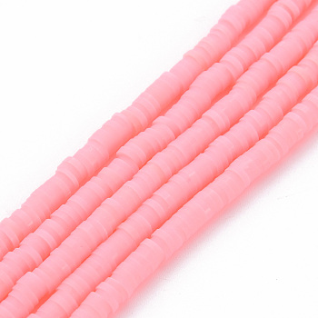 Handmade Polymer Clay Bead Strands, Heishi Beads, Disc/Flat Round, Pink, 4x0.5~1mm, Hole: 1.5mm, about 320~447pcs/strand, 15.74~16.92 inch