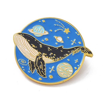 Whale with Planet Enamel Pin, Ocean Animal Alloy Enamel Brooch for Backpacks Clothes, Golden, Dodger Blue, 25.5x29.5x9mm