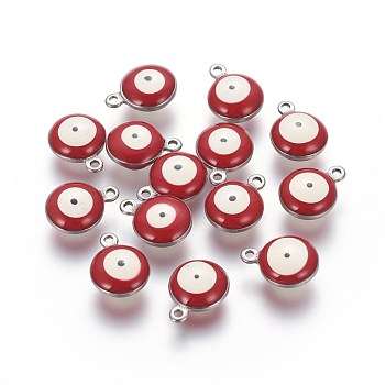 304 Stainless Steel Enamel Charms, Flat Round with Evil Eye, Stainless Steel Color, Red, 11x8x3.5mm, Hole: 1.5mm
