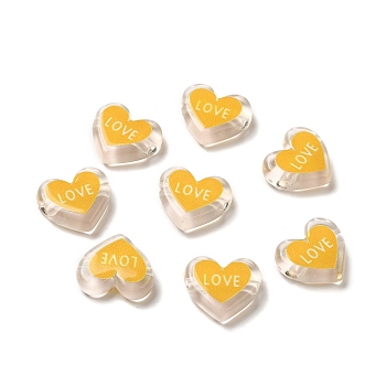 Printed Transparent Acrylic Beads, Heart with LOVE, Yellow, 17.5x20x5mm, Hole: 3mm