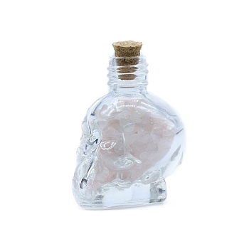 Natural Rose Quartz Diaplay Decorations, Reiki Energy Stone Chip Skull Shaped Wishing Bottle, 35x44mm