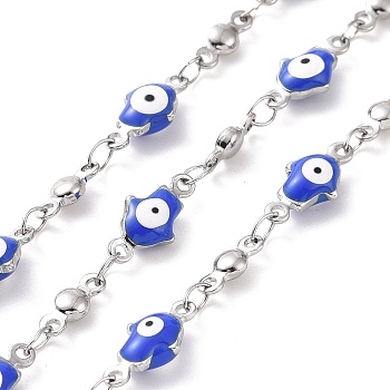 Enamel Hamsa Hand with Evil Eye Link Chains, with 304 Stainless Steel Findings, Stainless Steel Color, Unwelded, with Spool, Blue, 11.5x5.5x3mm, 8x3x2mm