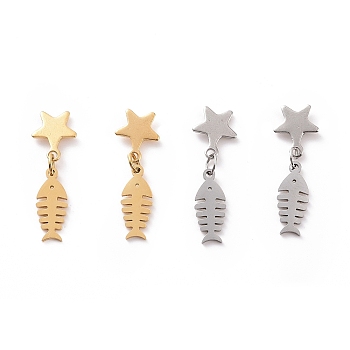 304 Stainless Steel Fishbone with Star Dangle Stud Earrings for Women, Mixed Color, 25.5mm, Pin: 0.8mm