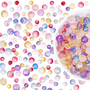 Elite 325Pcs 5 Colors Frosted Spray Painted Glass Beads Strands, with Golden Foil, Round, Mixed Color, 6~11mm, Hole: 1.2~1.6mm