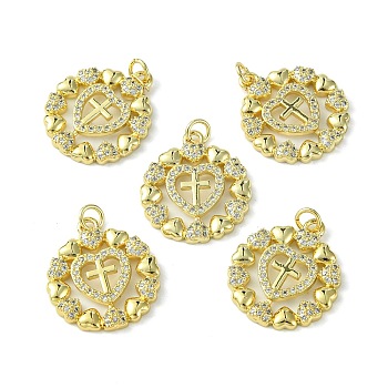 Rack Plating Brass Micro Pave Cubic Zirconia Pendants, Long-Lasting Plated, Lead Free & Cadmium Free, Flat Round Charm, Heart with Cross, Real 18K Gold Plated, 23x20x2.5mm