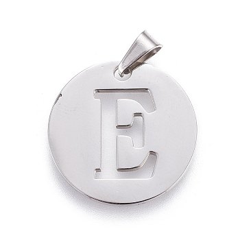 201 Stainless Steel Pendants, Flat Round with Letter, Stainless Steel Color, Letter E, 20x1.3mm, Hole: 4x3mm