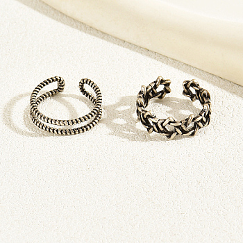 2Pcs 2 Style Brass Open Cuff Rings Set, Stackable Rings, Star, Antique Silver, Inner Diameter: 14~17mm, 1Pc/style