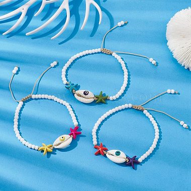 Synthetic Turquoise Starfish & Natural Shell Braided Bead Bracelets(BJEW-TA00395)-5