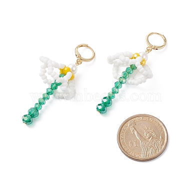 Shell Pearl & Glass Braided Flower with Long Tassel Dangle Leverback Earrings(EJEW-TA00122)-4