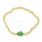 Brass Bead Stretch Bracelets for Women, with Plastic Cross, Turquoise, 6-7/8 inch(17.5cm)(QZ0147-6)