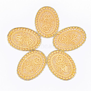 Polycotton(Polyester Cotton) Big Woven Pendant Decorations, with Iron Findings, Oval with Flower, Light Gold, Gold, 55.5~56.5x39~40x1.5mm(FIND-Q078-15I)