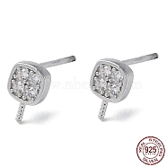 Rhodium Plated 925 Sterling Silver Stud Earring Findings, with Clear Cubic Zirconia, Square, for Half Drilled Beads, with S925 Stamp, Real Platinum Plated, 5x5mm, Pin: 11x1mm and 0.9mm(STER-M115-15P)