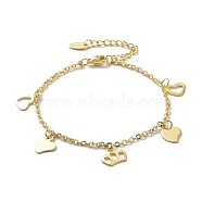 201 Stainless Steel Heart & Crown Charms Bracelet with 304 Stainless Steel Chains for Women, Golden, 6-3/4 inch(17.3cm)(BJEW-C019-30G)