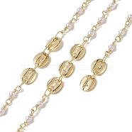 Rack Plating Brass Coffee Bean Link Chains, with Plastic Pearl Beaded, Unwelded, with Card Paper, Golden, 10.5~11x3mm(CHC-C026-14)