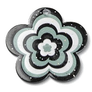 Acrylic Pendants with Glitter Powder, Flower, Aqua, 30.5x31.5x1.8mm, Hole: 1.8mm(MACR-Q160-01H)