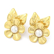 304 Stainless Steel Flower Stud Earrings, with ABS Plastic Pearl Beads, Real 14K Gold Plated, 29x21.5mm(EJEW-M233-05G)