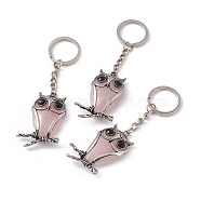 Owl Natural Rose Quartz Pendant Keychain, with Alloy & Iron Findings, 10cm(KEYC-G056-01AS-02)