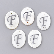 Freshwater Shell Links connectors, with Brass Findings, Oval with Letter, Letter.F, 25.5x19x3mm, Hole: 1.2mm(SHEL-S274-23F-P)