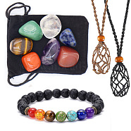 7 Chakra Healing Crystal Stones Jewelry Kits, Including 7 Tumbled Spiritual Gemstones and 1 Bracelet and 2 Macrame Pouch Adjustable Necklace, Braclelet: 7-1/4 inch(18.5cm), Gemstone: 20~25mm, Necklace: 500mm(PW-WG48340-01)