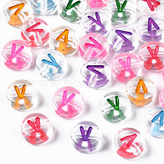 Transparent Clear Acrylic Beads, Horizontal Hole, Flat Round with Mixed Color Letter, Letter.V, 7x3.5mm, Hole: 1.2mm, about 3700pcs/500g(MACR-N008-56V)