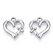 304 Stainless Steel Pendants, Heart with Cross Charm, Stainless Steel Color, 20.5x19x2.5mm, Hole: 2.5mm(STAS-T063-203P)
