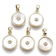Brass Micro Pave Clear Cubic Zirconia Charms, with Freshwater Shell and Snap On Bails, Nickel Free, Real 18k Gold Plated, Flat Round, Clear, 14x11.5x2.5mm, Hole: 2x4mm(X-KK-R112-014-NF)