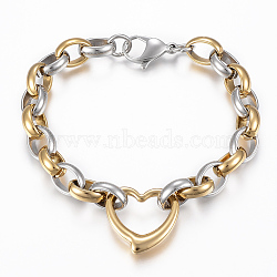 Two Tone 201 Stainless Link Steel Bracelets, with 201 Stainless Steel Pendants, Heart, Golden & Stainless Steel Color, 8-5/8 inch(220mm)(BJEW-F292-06GP)